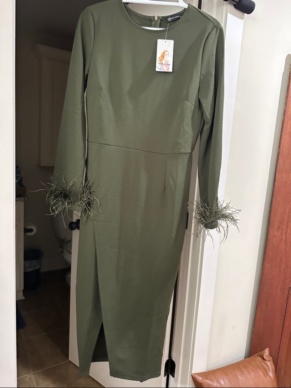 *NWT Pretty Garden- Olive Green Long Sleeve Feather-Cuff Midi Dress